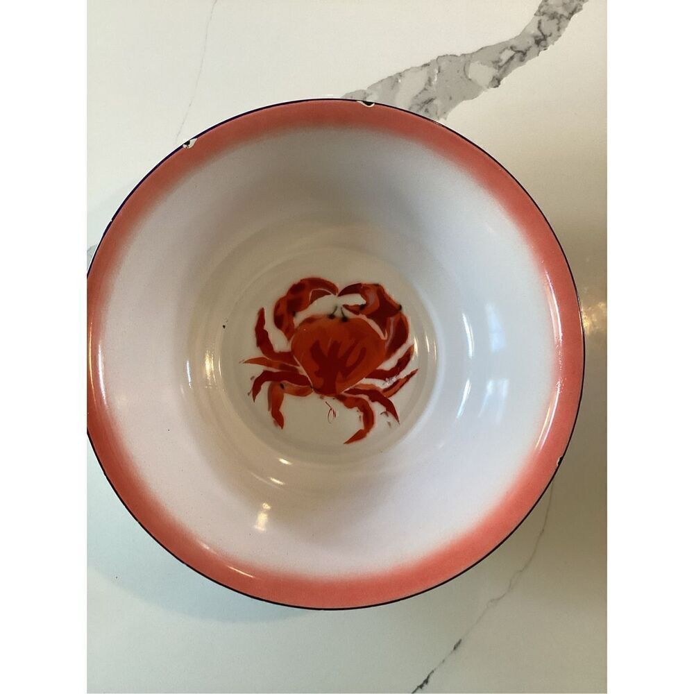 Large Crab Enamelware Bowl Pink White